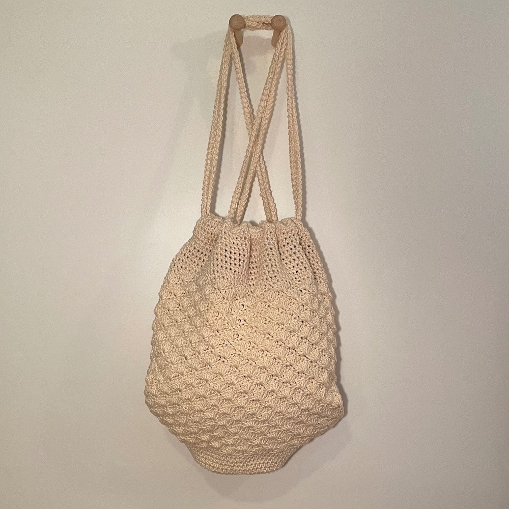 Sweet Cream Crocheted Drawstring Backpack